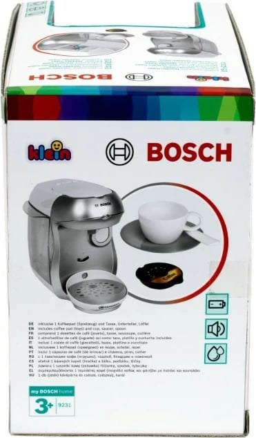 Makineri kafeje lodër, Klein Bosch Tassimo 9231, me efekte zanore dhe rrjedhë uji, me filxhan, pjatëz, lugë dhe 2 kapsula, argjend