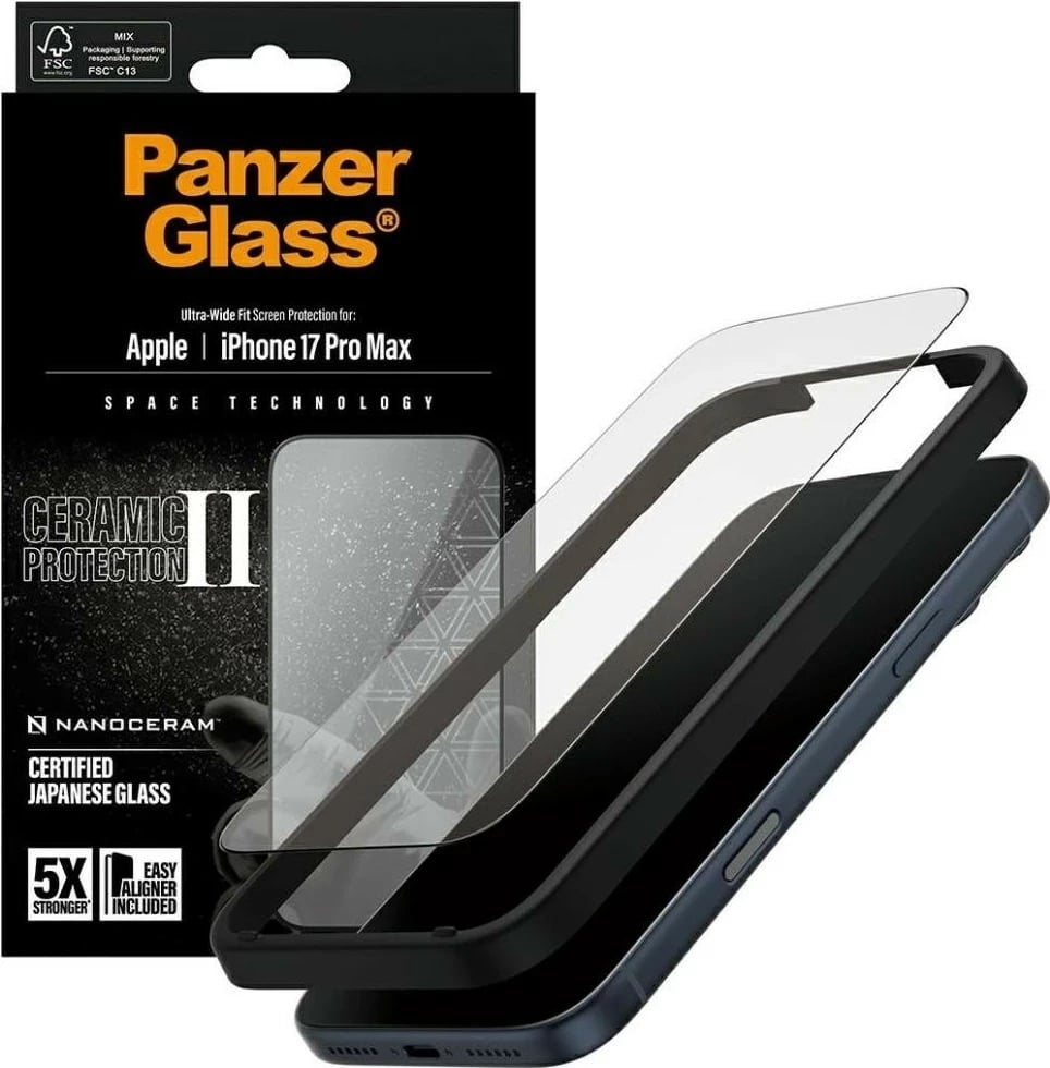Mbështjellës xhami PanzerGlass Ceramic II Ultra-Wide Fit EasyAligner për iPhone 17 Pro Max transparent