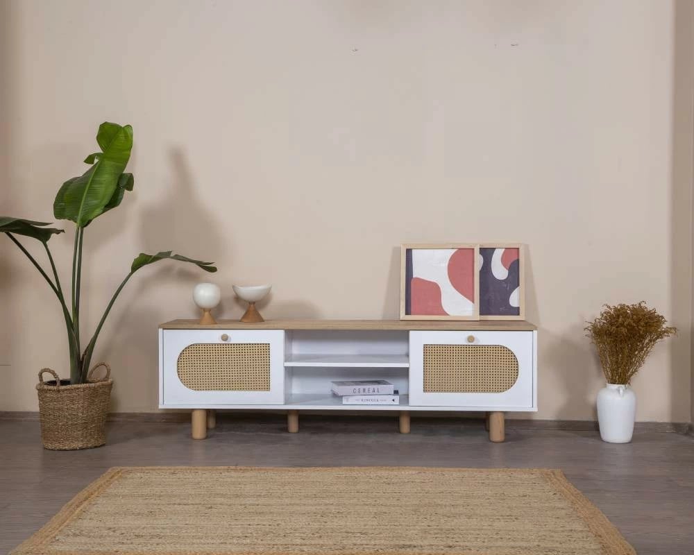 Komodë TV Skye Decor, stil bohem, e bardhë dhe lis