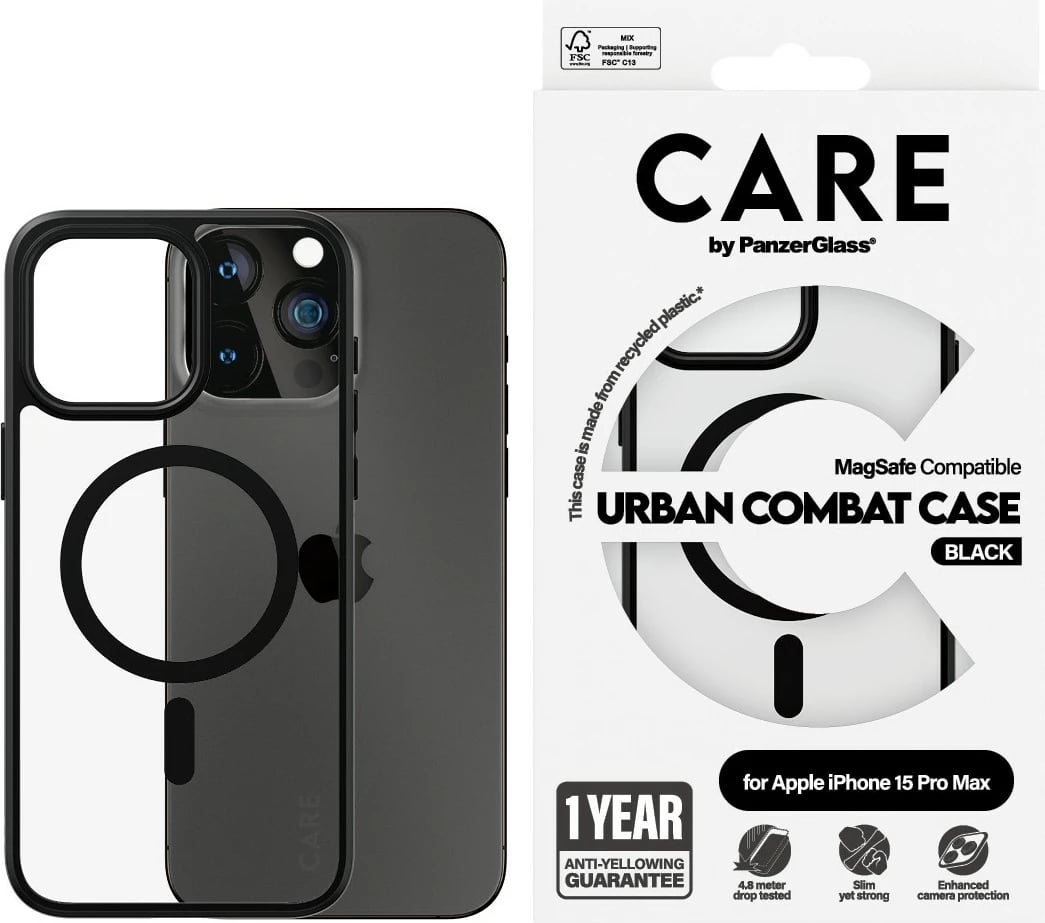 Mbështjellës PanzerGlass CARE Case Flagship MagSafe për iPhone 15 Pro Max, transparent/zi