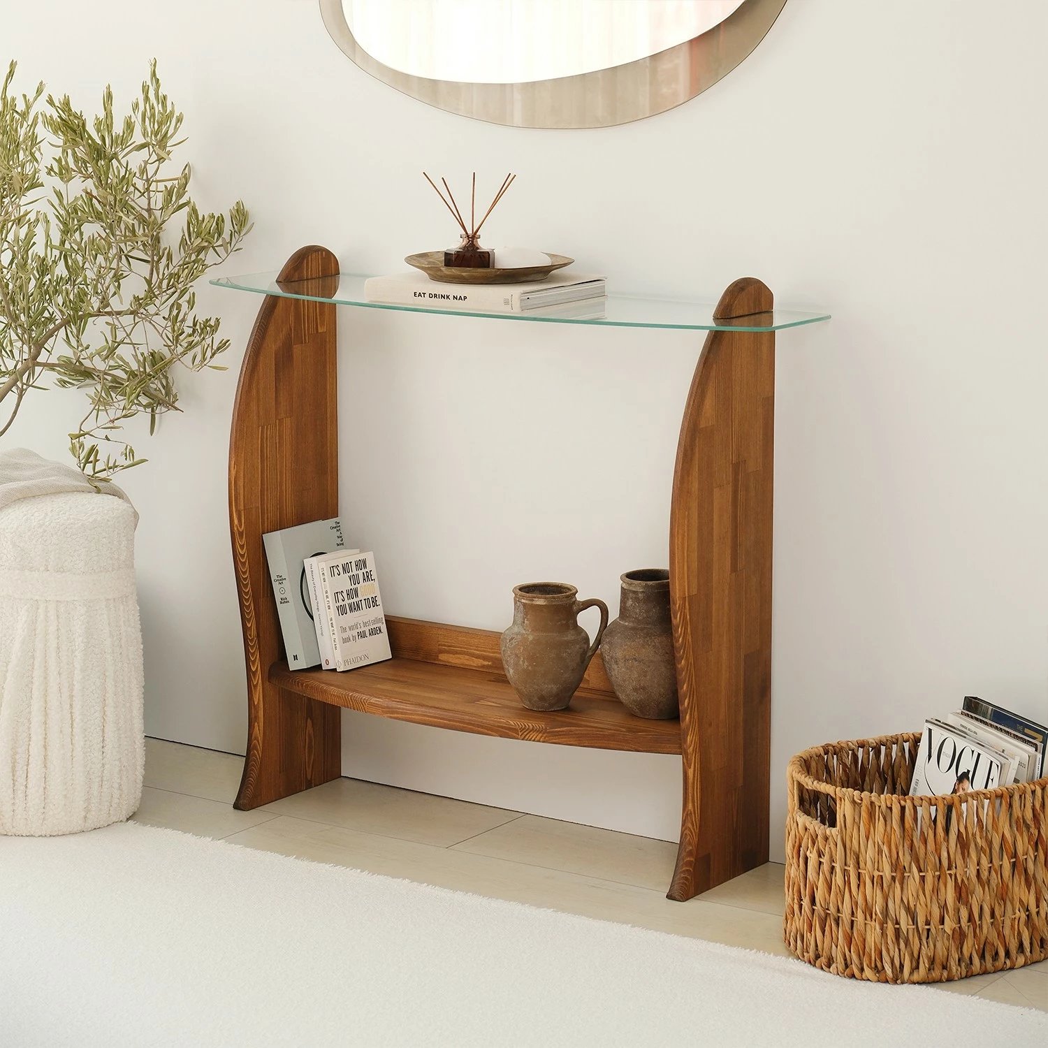 Komodë Skye Decor, ngjyrë gështenjë, xham transparent