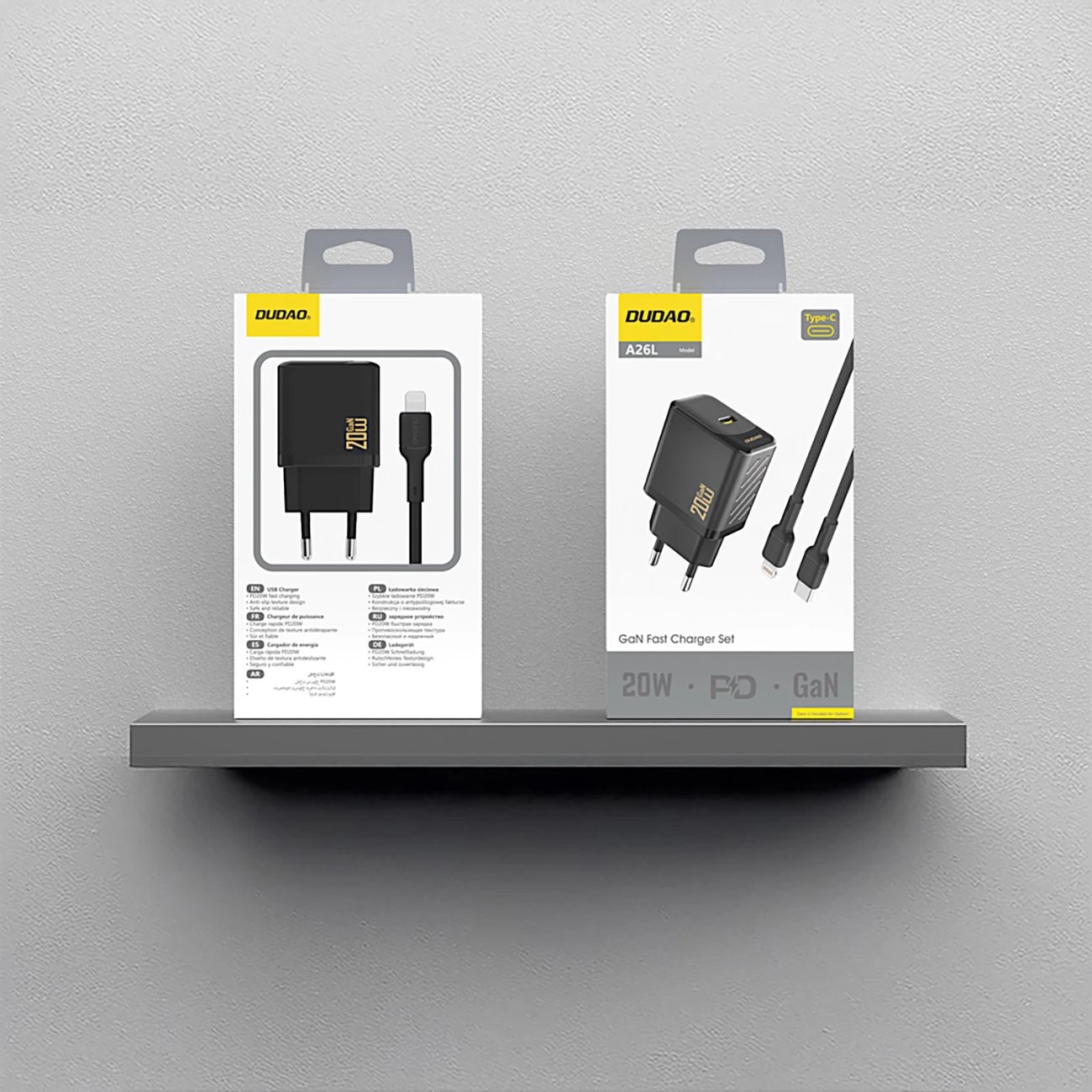 Karikues muri, Dudao A26LEU, PD 20W GaN, port USB-C, prizë EU, me kabllo USB-C në Lightning, i zi