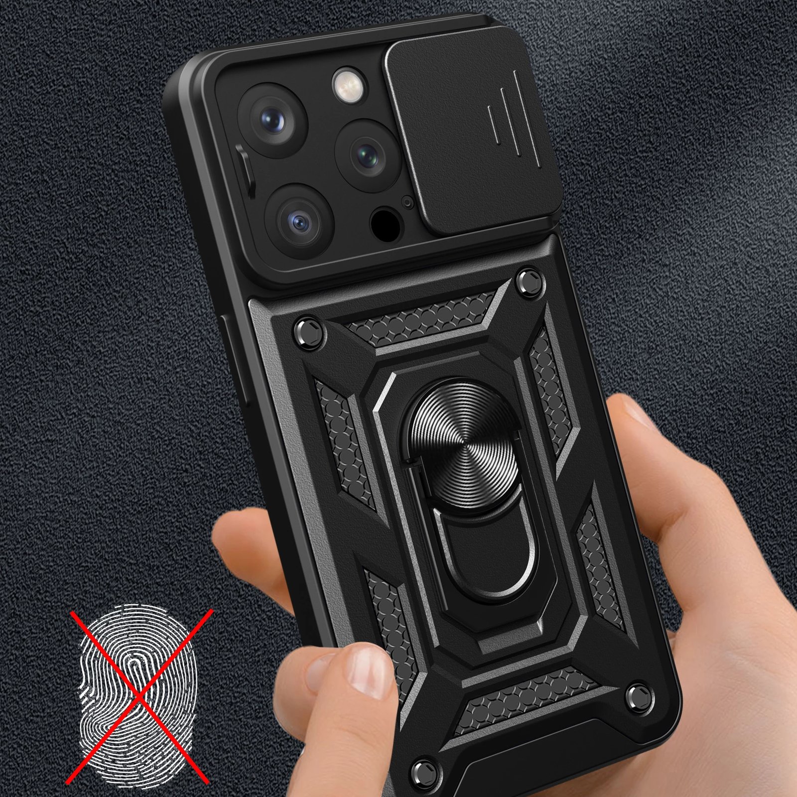 Mbështjellës Hurtel Armor Camshield me stand dhe mbulesë kamere për iPhone 15 Pro Max, i zi