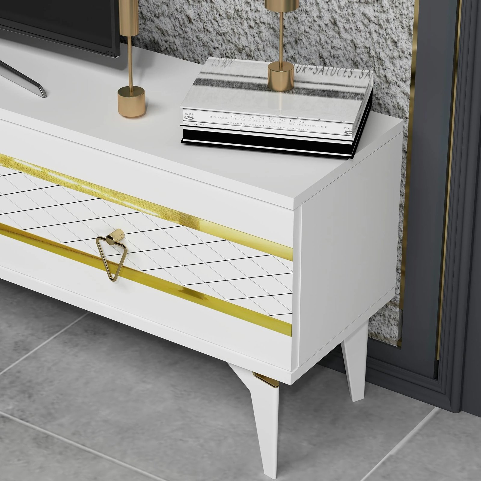 Komodë TV, ngjyrë e bardhë dhe ari, Skye Decor