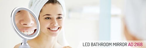 Pasqyrë LED banjoje, Adler AD 2168, zmadhim 5x, diametër 20 cm, 24 LED, rrotullim 360°, IPX4, montim me vakum, me bateri 3xAAA