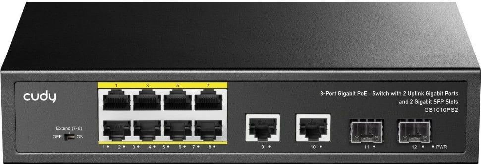 Switch PoE Gigabit, Cudy GS1010PS2, 8x PoE+ 1G, 2x uplink 1G, 2x SFP, buxhet 120W, rack/desktop