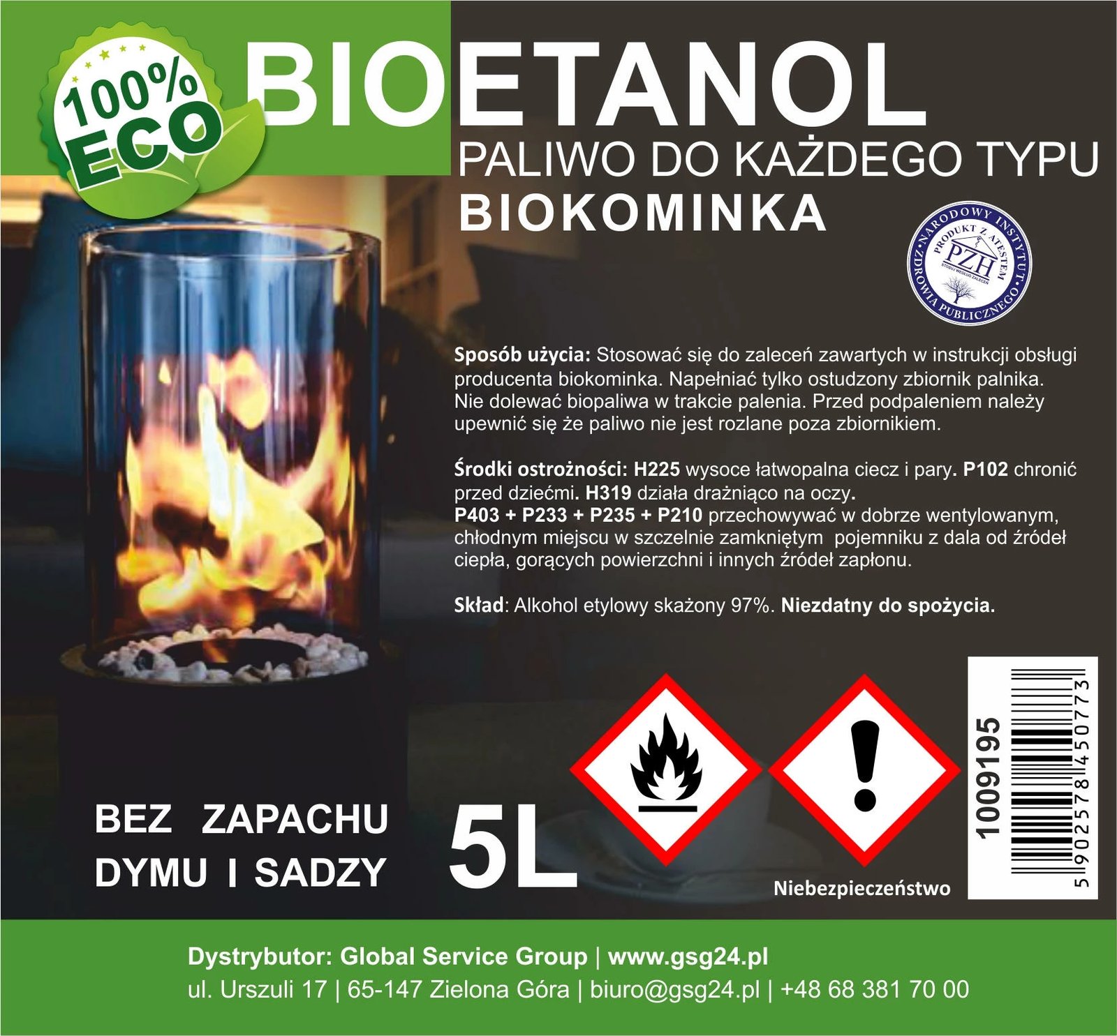 Bioetanol GSG24, 5L, për biokaminë, pa erë, pa tym