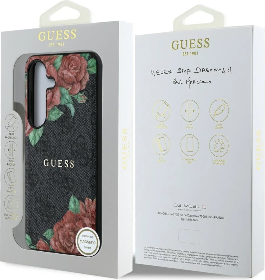 Mbështjellës Guess Leather 4G Flowers Print Metal Classic Logo MagSafe për Samsung Galaxy S25, Zi Mbështjellës Guess Leather 4G Flowers Print Metal Classic Logo MagSafe për Samsung Galaxy S25, Zi