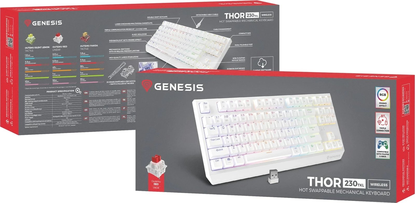 Tastierë mekanike GENESIS Thor 230 TKL, QWERTY US, RGB, Wireless + Bluetooth, Bardhë