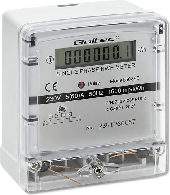 Matës energjie Qoltec 50888, njëfazësh, LCD, 230V, Gri