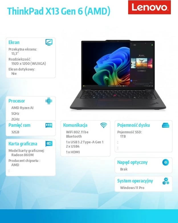 Kompjuter Lenovo ThinkPad X13 Gen 6, AMD Ryzen AI 7 PRO 350, 32GB RAM, 1TB SSD, 13.3", E zezë Kompjuter Lenovo ThinkPad X13 Gen 6, AMD Ryzen AI 7 PRO 350, 32GB RAM, 1TB SSD, 13.3", E zezë