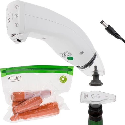 Set vakumimi ushqimi, Adler AD 4515, ekstraktor ajri, 8 L/min, -0.5 bar, AC ose 6xAA, e bardhë, me qese të ripërdorshme dhe mbyllës shishe
