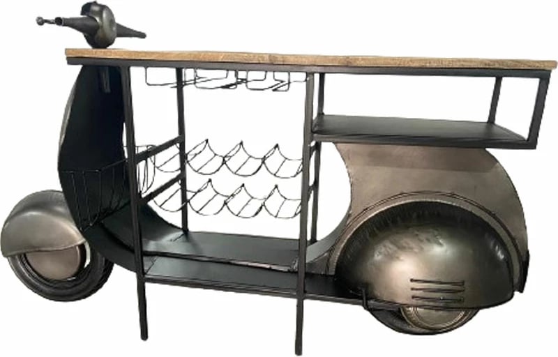 Konsol bar në formë skuter, metal gunmetal, dru natyral, 183x51x102
