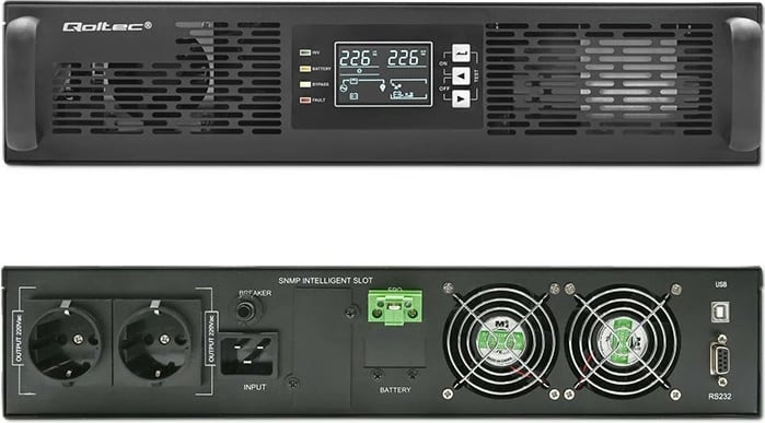 UPS Qoltec 52287, 3kVA 3000W, për rack, LCD, online, e zezë