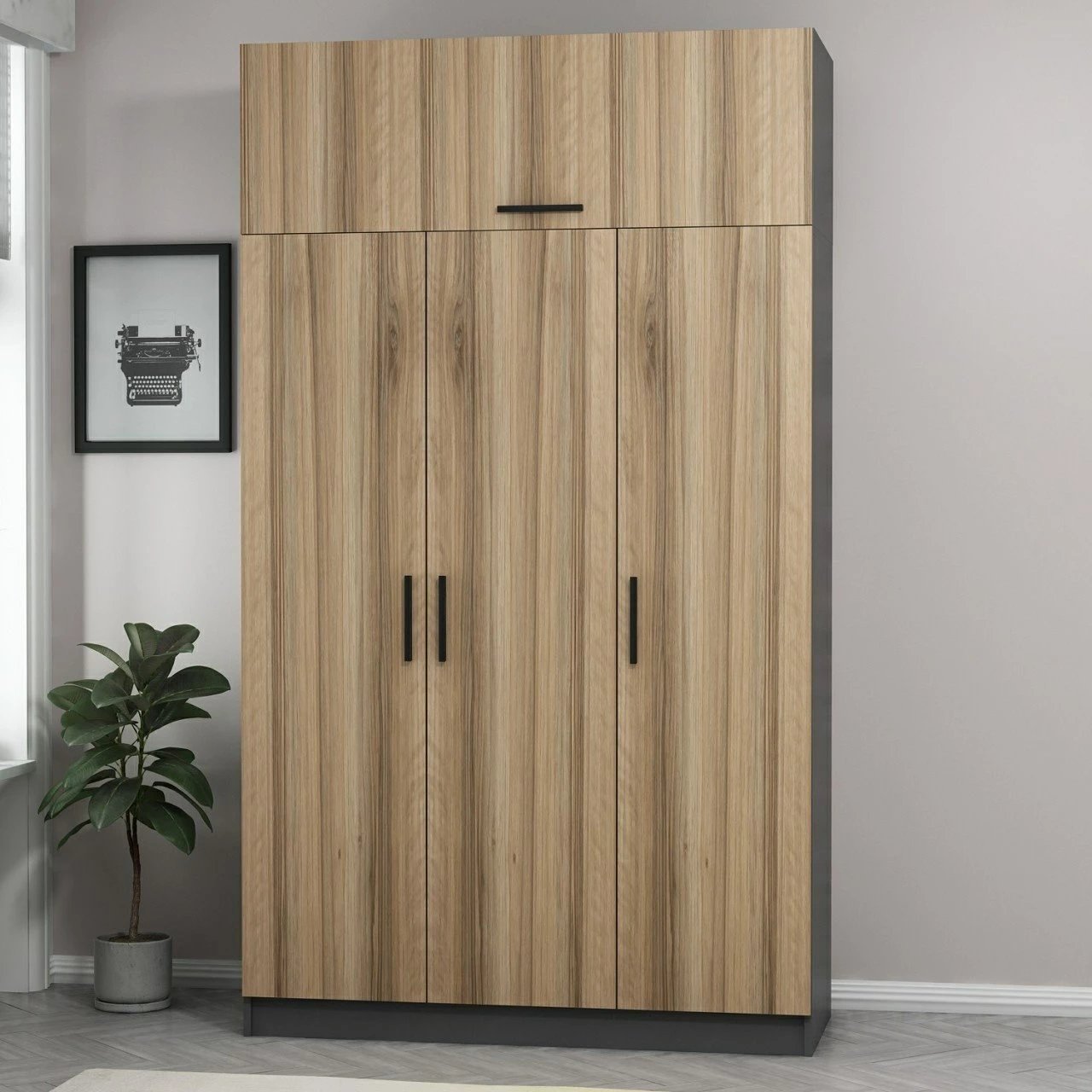 Dollap garderobe Skye Decor, 3 kapak, 2 sirtar, dore-antracit, 135x52x255cm