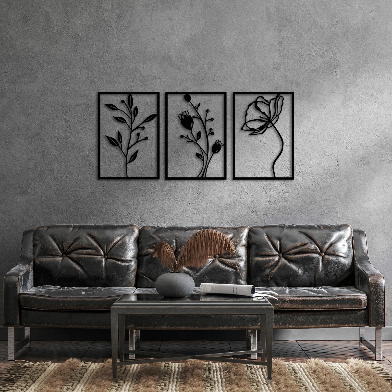 Aksesor dekorativ metalik për mur, lule, 3 copë, Wallity, 49x70cm, ngjyrë e zezë