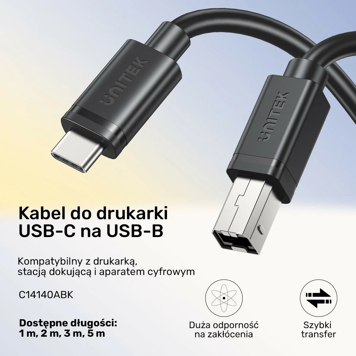 Kabëll Unitek, USB-C në USB-B 2.0, 5m, i zi