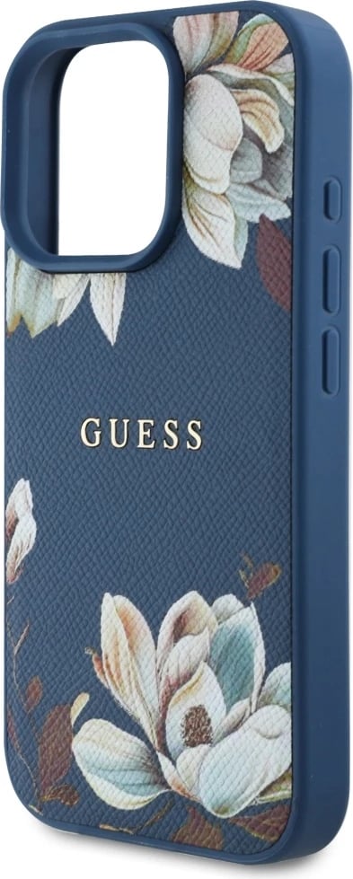 Mbështjellës Guess Grained Printed Flower Pattern MagSafe për iPhone 16 Pro, Blu