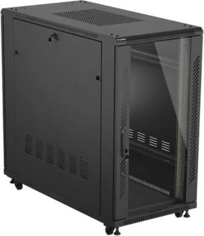 Kabinet rack dysheme 19", Lanberg FF01-6222-12B, 22U, 600x1200 mm, derë xhami, ngarkesë 800 kg, IP20, Flat Pack, e zezë