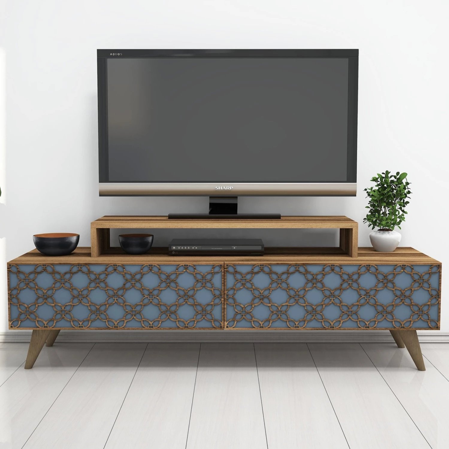 Stendë TV melamine, ngjyrë arre dhe qiellore, FH9510.02, 140x41.8x48.8H cm