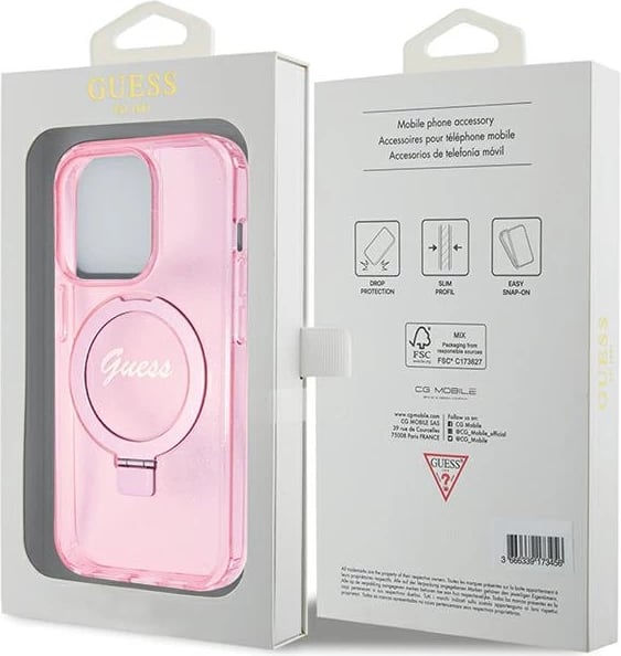 Mbështjellës Guess Ring Stand Script Glitter MagSafe për iPhone 15 Pro, Rozë
