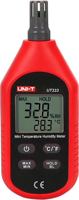 Matës temperature dhe lagështie, UNI-T UT333, diapazon -10°C–60°C dhe 0–100% RH, ekran me ndriçim, MAX/MIN, Data Hold