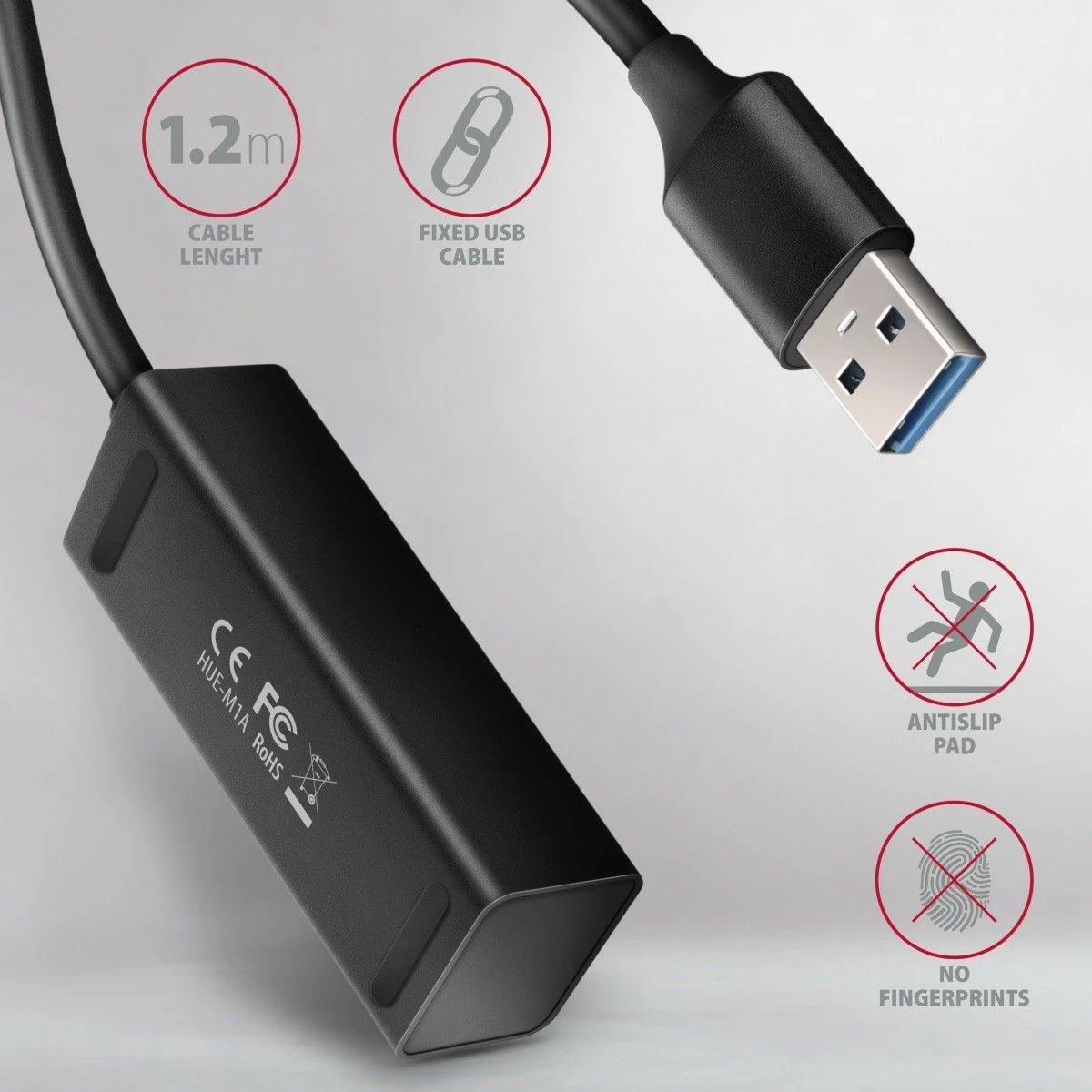 Hub USB AXAGON HUE-M1AL, 4 porta, USB 3.2 Gen 1, kabllo 1.2m, zi