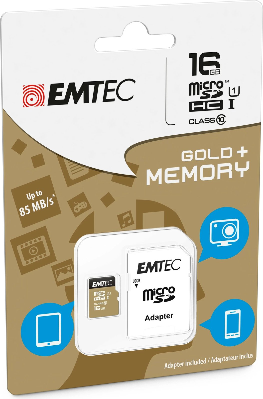 Kartelë memorie EMTEC microSDHC 16GB Class 10, 85MB/s, kaltër/artë
