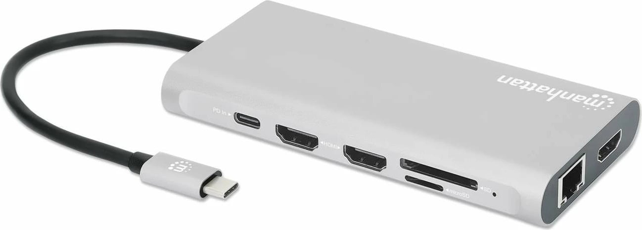 Docking station MANHATTAN 12-in-1, 3x HDMI, 4x USB, USB-C, DP, RJ45, gri