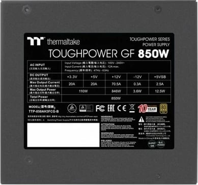 Kasë energjie Thermaltake ToughPower GF 850W, modular, 80 PLUS Gold, e zezë