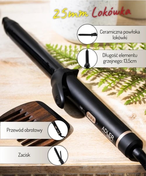 Hekur kaçurrelash, Adler, AD 2115, 25mm keramikë, 45W, kabllo 1.88m, i zi me elemente të arta