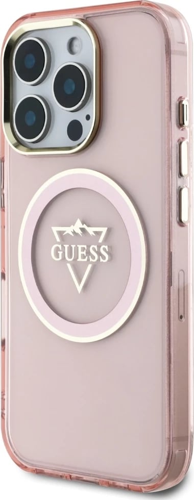 Mbështjellës Guess IML Metal Mountain Logo MagSafe për iPhone 16 Pro, Rozë