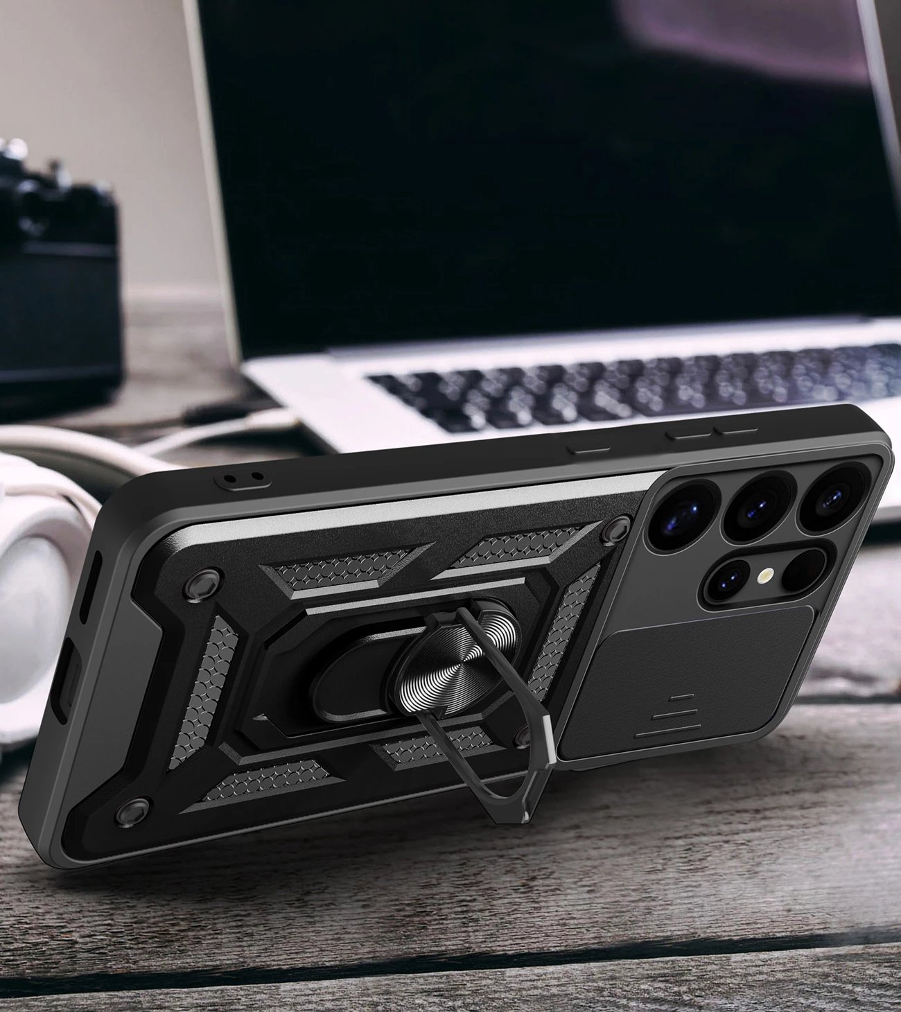 Mbështjellës Hurtel Hybrid Armor Camshield me kapak kamere dhe unazë metalike për Samsung Galaxy S25 Ultra, Zi