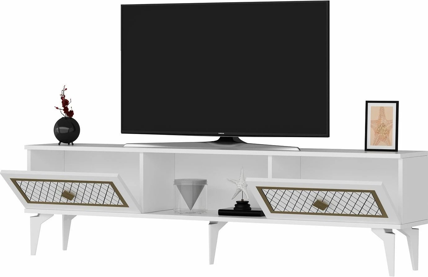 Komodë TV Skye Decor, e bardhë, ar