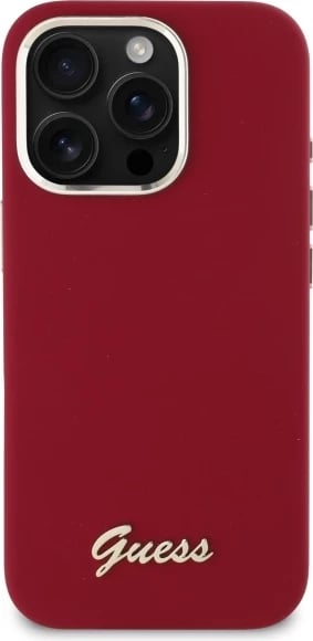 Mbështjellës Guess Silicone Script Metal Logo për iPhone 16 Pro, Kuqe