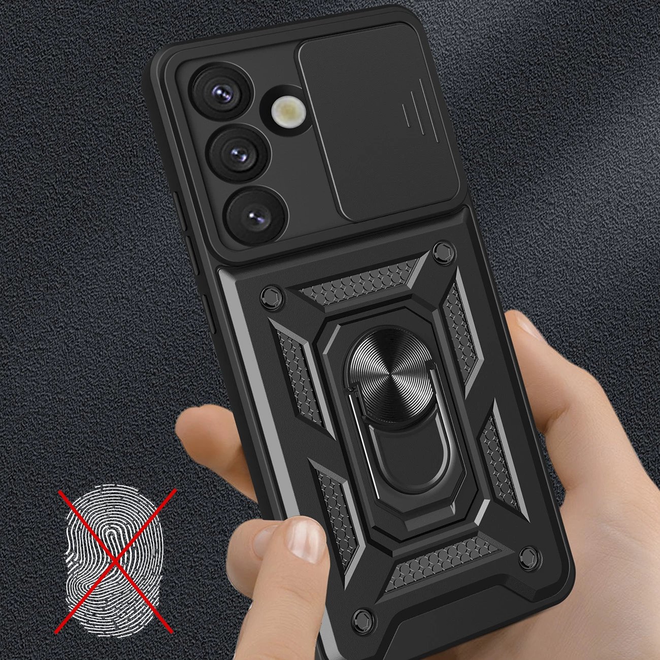 Mbështjellës Hurtel Hybrid Armor Camshield me kapak kamere dhe unazë metalike për Samsung Galaxy S25, Zi