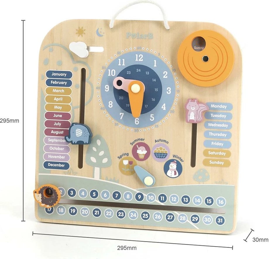 Lodër edukative kalendër druri me orë, Viga, PolarB, 29.5 x 29.5 x 3 cm, multingjyrësh
