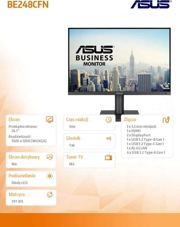 Monitor Asus BE248CFN 24.1" WUXGA IPS 100Hz HDMI DP USB-C RJ45 i zi