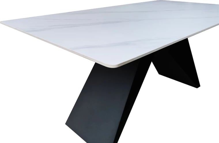 Tavolinë Mapele, sipërfaqe mermeri të bardhë, këmbë metalike të zeza, 180x90x75cm