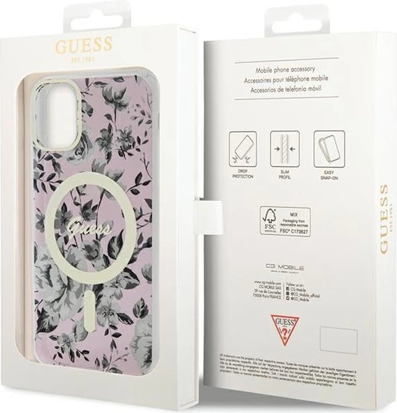 Mbështjellës Guess GUHMN61HCFWSP për iPhone 11/XR 6.1", MagSafe, lule, rozë