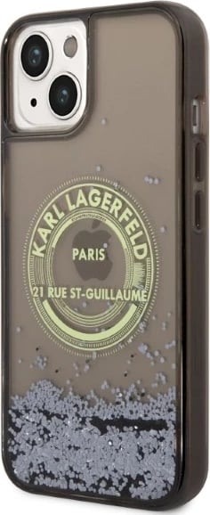 Mbështjellës Karl Lagerfeld Liquid Glitter RSG për iPhone 14 Plus, i zi