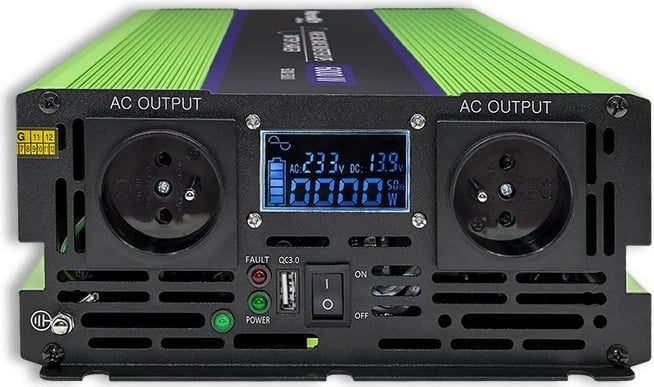Konvertues voltazhi Qoltec Monolith 51943, 2000W/4000W, 12V në 230V, Pure Sinus, LCD, Jeshile