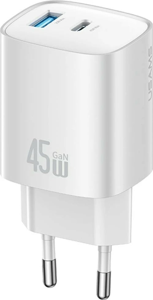 Karikues murale GaN, USAMS CC290 T66 (USA001665), 45W, USB-C + USB-A, PD/QC, bardhë