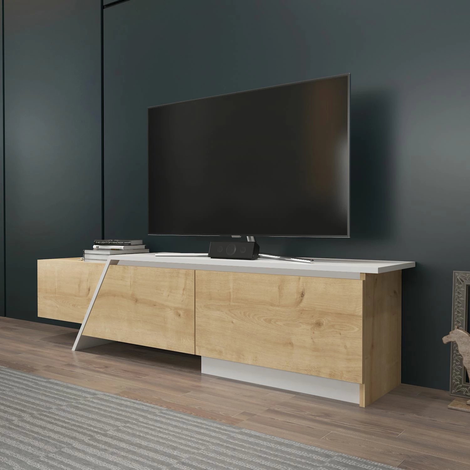 Komodë TV Skye Decor, ngjyrë lis safir, e bardhë, Zonas