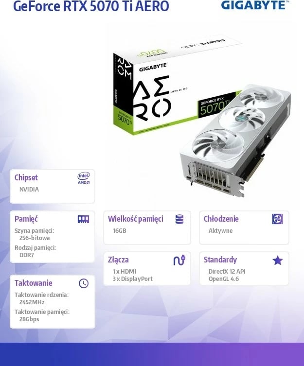 Kartelë grafike Gigabyte GeForce RTX 5070 Ti AERO OC 16G, 16 GB, e bardhë