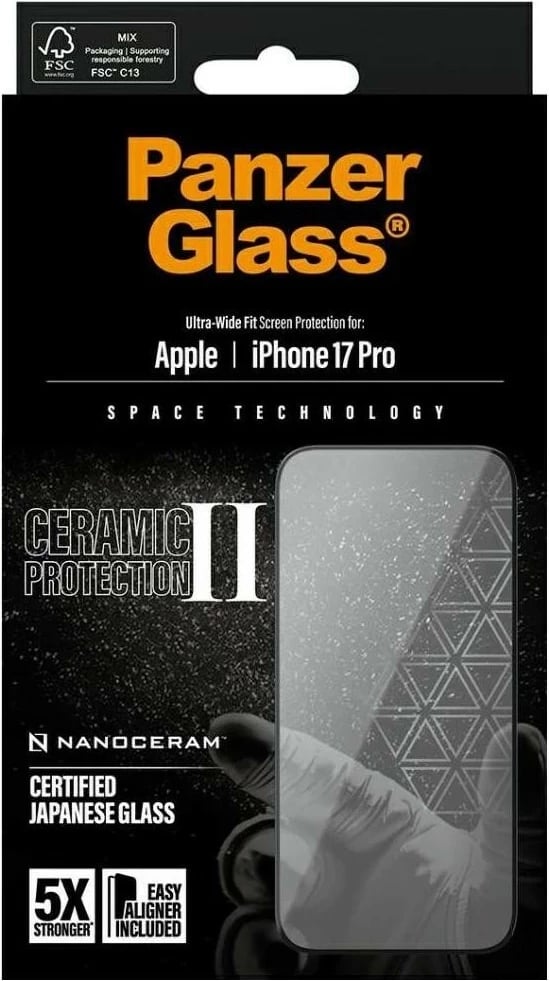 Mbështjellës xhami PanzerGlass Ceramic II Ultra-Wide Fit EasyAligner për iPhone 17 Pro, transparent