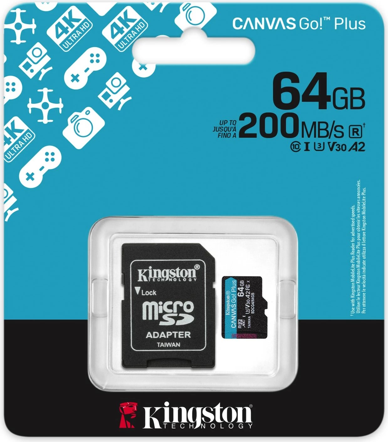 MicroSD kartelë Kingston Canvas Go Plus 64GB, A2, U3, V30, me adapter, e zezë/turkeze