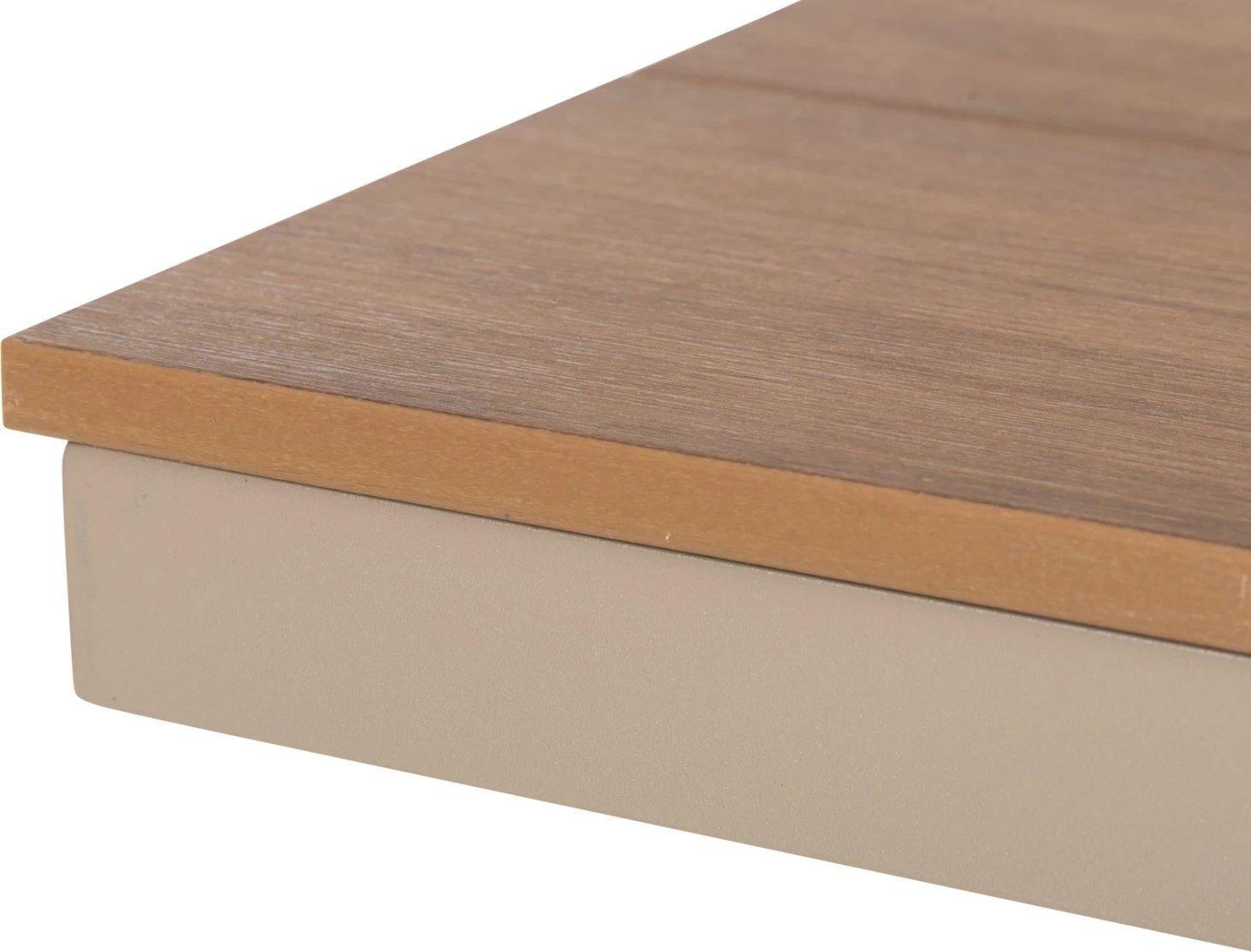 Stol alumini, ngjyrë shampanjë, sipërfaqe tavoline polivudi, ngjyrë druri natyral, 150x36x45H cm