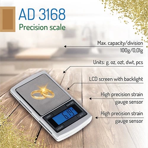 Peshore precize, Adler AD 3168, 100 g / 0.01 g, ekran LCD me ndriçim, numërim copash