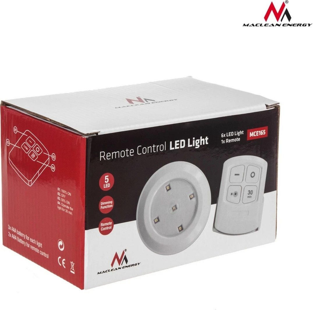 Set llambash LED me telekomandë, Maclean MCE165, rregullim ndriçimi dhe timer 30 min, me bateri 3xAAA, e bardhë, set 6 copë
